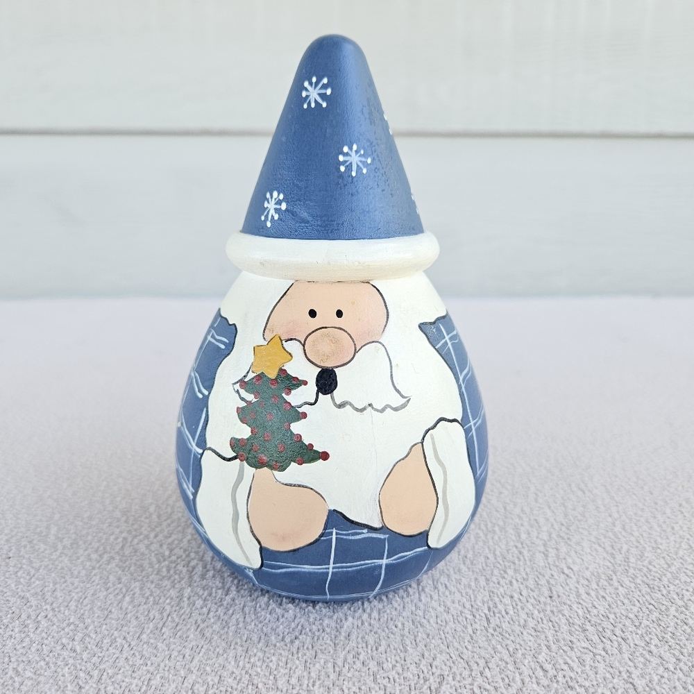 Hobbyist Wooden Hand Paint Santa Claus Figure Cone Blue White Snowflake Tree 6"